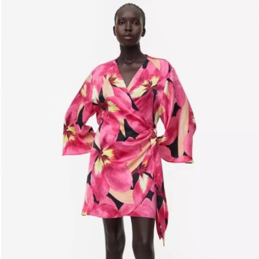 H&M Pink Hibiscus Floral Mini Wrap Dress